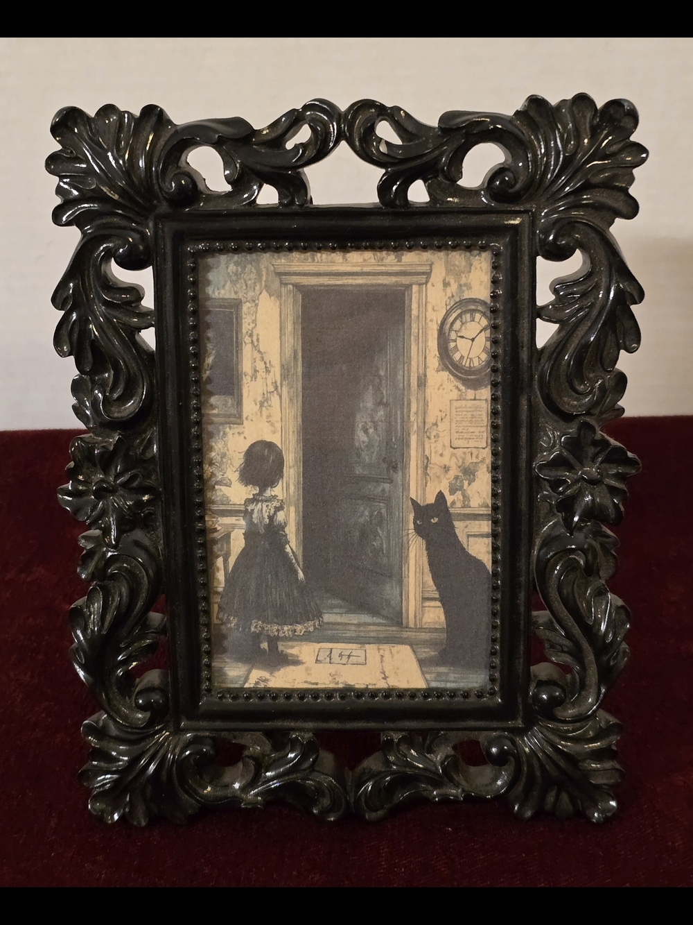 Vintage Gothic Ornate Black Picture Frame with Dark Art Print | 3.5"x5.5"